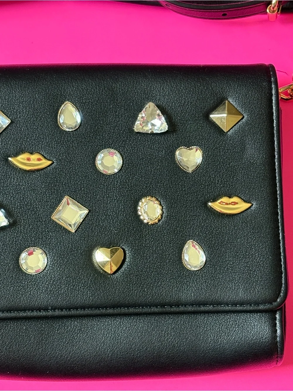 Betsey Johnson Black Embellished Crossbody Bag with Gold Chain Strap